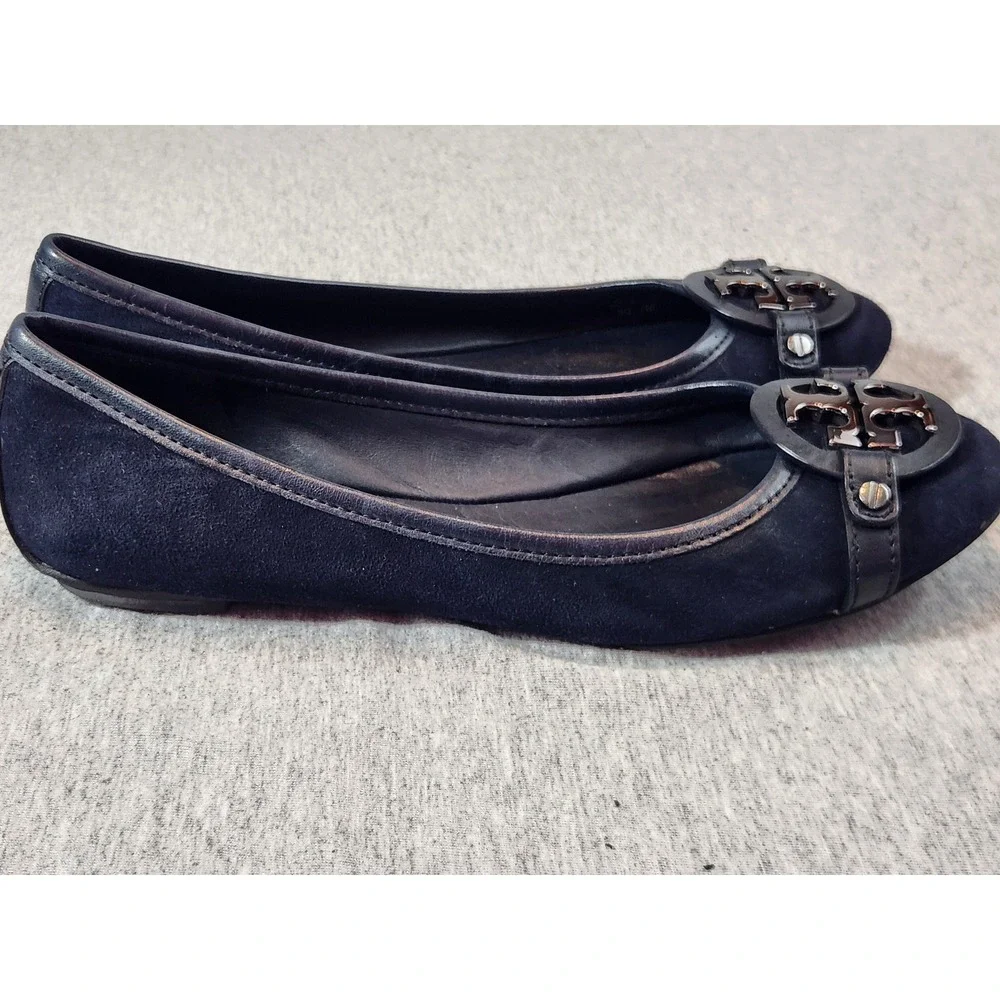 Tory Burch Reva Ballet Flats Womens 7M Navy Blue Suede Logo Medallion